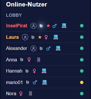 Online-Nutzerliste im Chat mit Rollen, Status, Geschlecht und Gerät